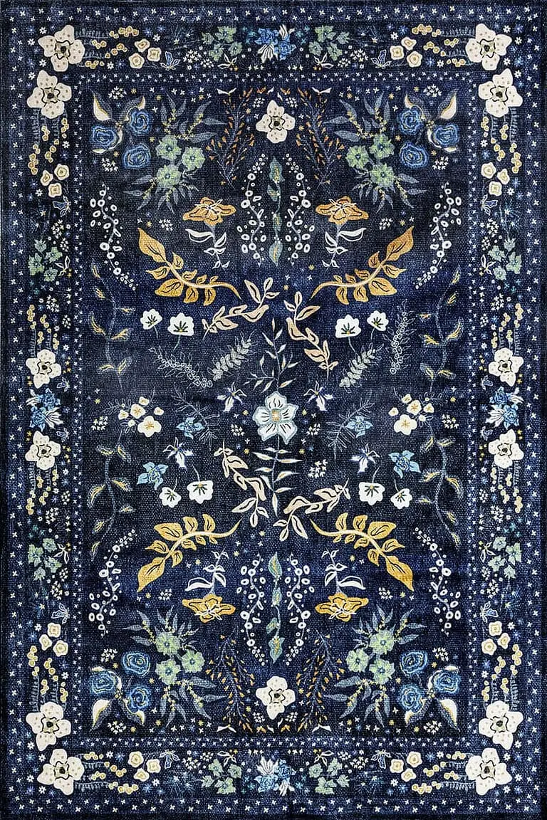 Visina tepih s plavim i zlatnim detaljima, ručno izrađen, s tradicionalnim uzorcima cvijeća i ptica, idealan za elegantan enterijer i dodavanje boje prostoru.