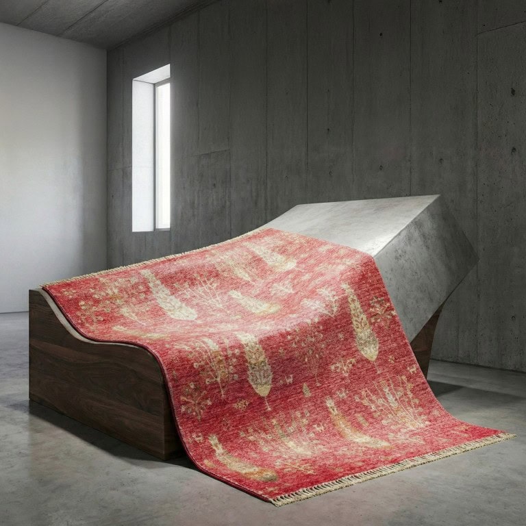 Visokokvalitetni crveni jastučić za tepih Zara Tepih - Red Autumn (08) na modernom betonskom podu u minimalističkom prostoru.
