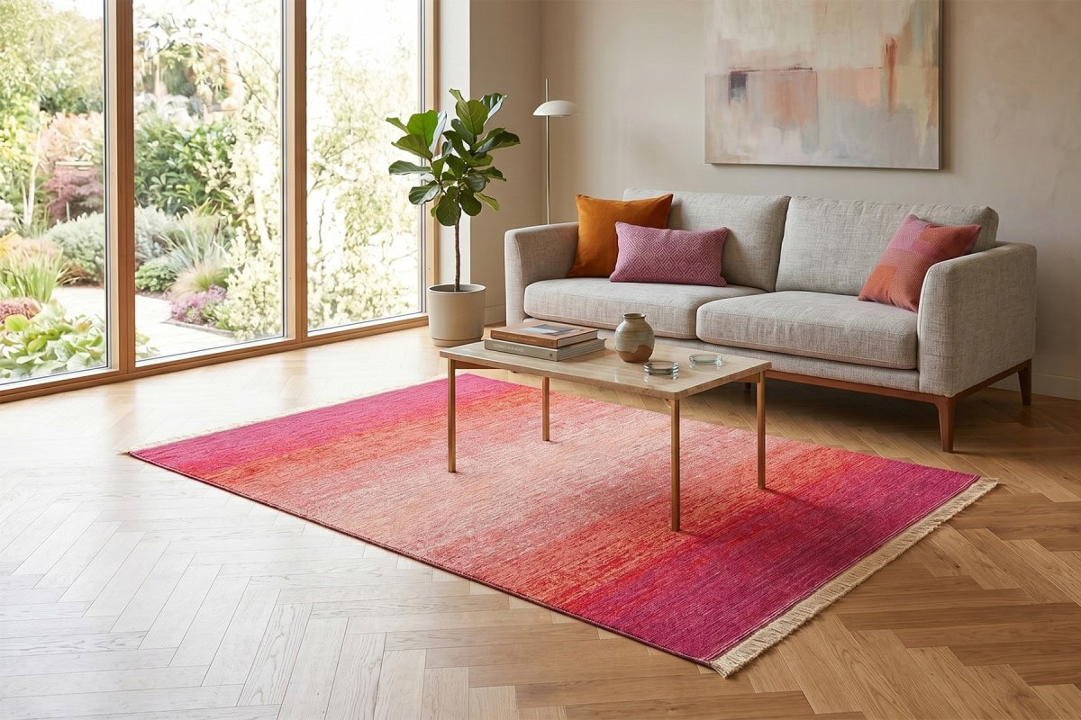 Ulazna slika kutnu tepiha Terra Pink, moderni dnevni boravak s prirodnim svjetlom, minimalistički namještaj i ukrasni jastuci, prikaz elegantnog i toplog prostora s tepisom u nijansama ružičaste i crv.