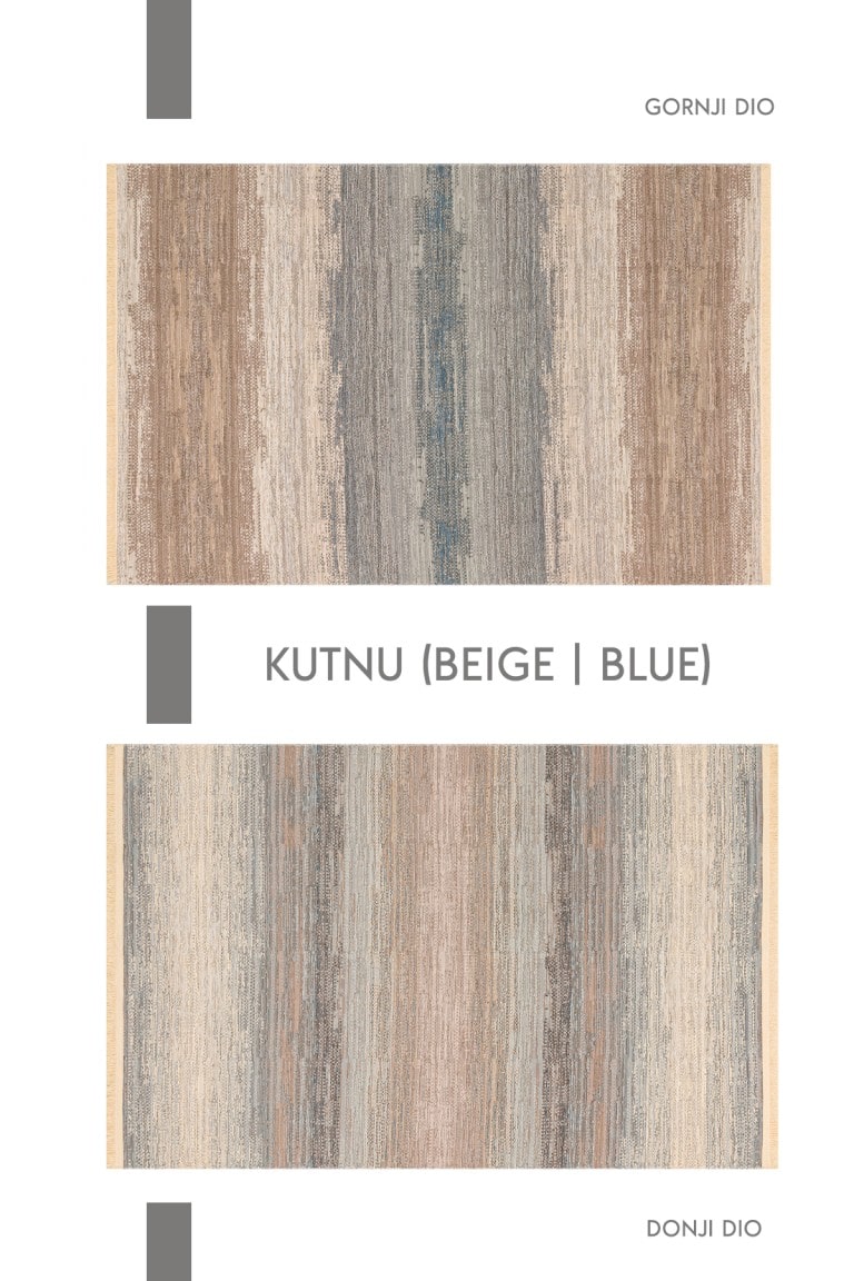 Kutnu tepih KTN 03, dvostrani, sa vertikalnim prugama u bež, plavim i sivim nijansama, prikazuje gornju i donju stranu.