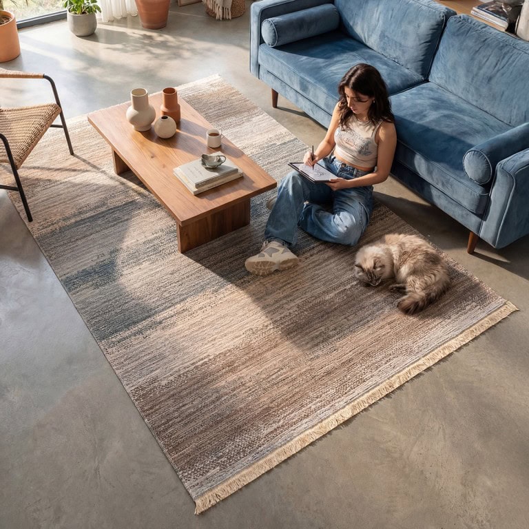 Kutnu tepih KTN 03 u bež i plavim tonovima, sa apstraktnim prugastim uzorkom i resama.