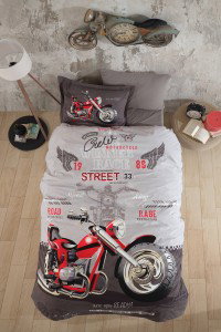Motorcycles-themed children's bed linen set with red and black design, featuring a motorcycle graphic, wings, and street style elements, perfect for young motorcycle enthusiasts.