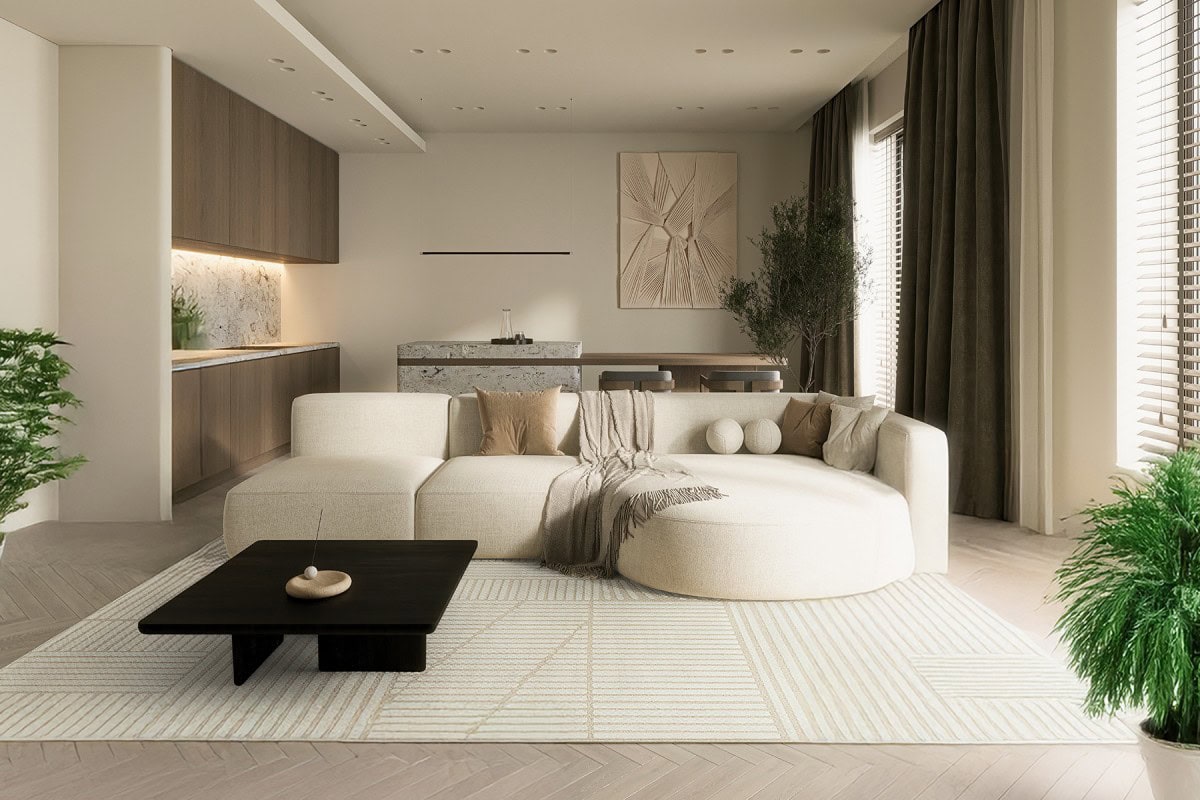 BESPLATNI ALT tag: Moderni dnevni boravak s kremastim namještajem i minimalističkim ukrasima, idealan za elegantan i udoban životni prostor.