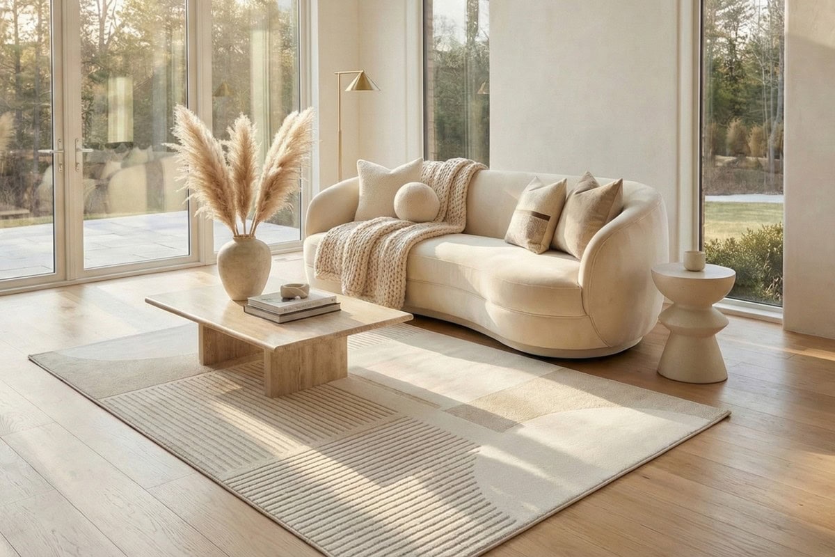 Umetnički dizajn dnevnog boravka s modernim, krem bojama, udobnom sofom i prirodnim elementima, idealan za opuštanje i elegantan izgled doma.