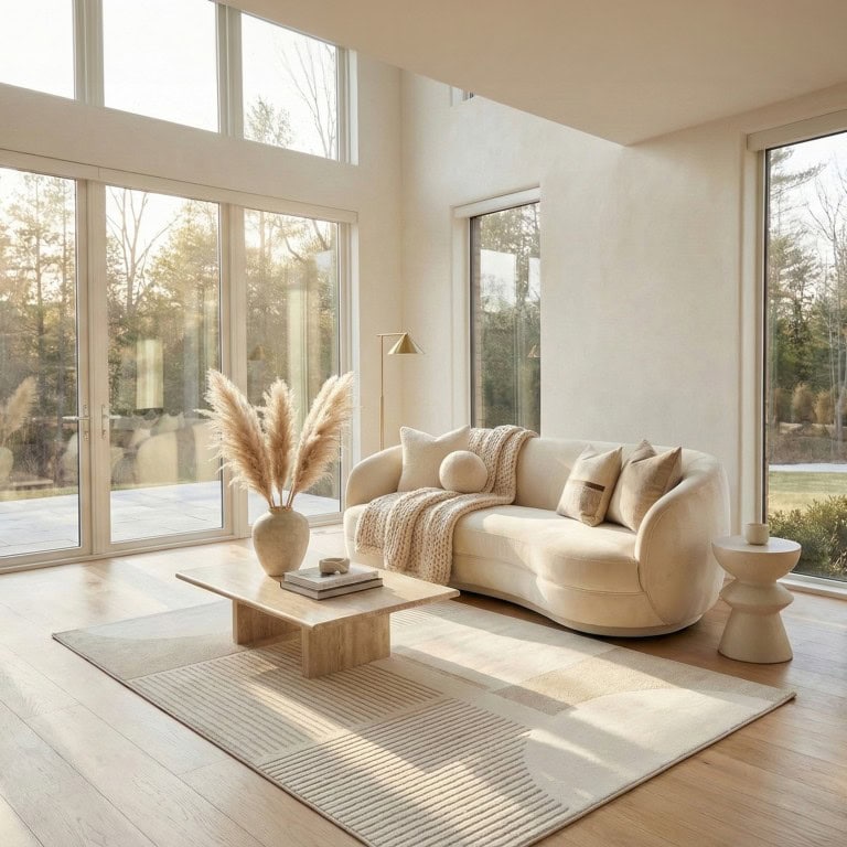 Umetnički dizajn dnevnog boravka s modernim, krem bojama, velikim prozorima i prirodnim svjetlom, idealan za opuštanje i elegantan životni prostor.