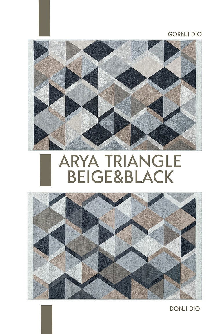Visoka kvaliteta tepih Arya Triangle u bež i crnim tonovima, savršen za moderni enterijer i dodavanje elegancije prostoru. Idealno za dnevne sobe, spavaće sobe ili poslovne prostore.