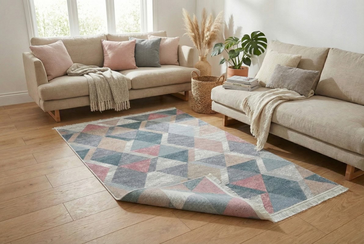 Modern Arya Triangle tepih u bojama ružičaste i plave, idealan za dnevni boravak, s mekanom teksturom i elegantnim dizajnom za toplu atmosferu.