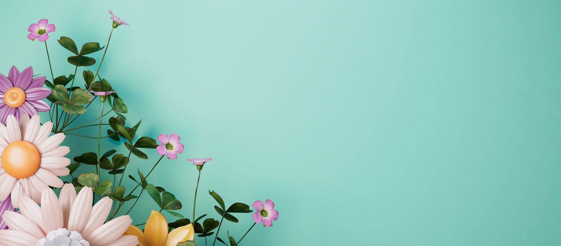 Šarene umjetne cvjetne dekoracije s raznobojnim cvjetovima i zelenim lišćem na svijetloj mint pozadini, idealno za proljetne i cvjetne teme.