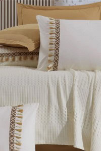 Bohemline Jacquard Posteljina + Prekrivač (Set) -  Krem | Posteljine sa Dekom / Prekrivačem