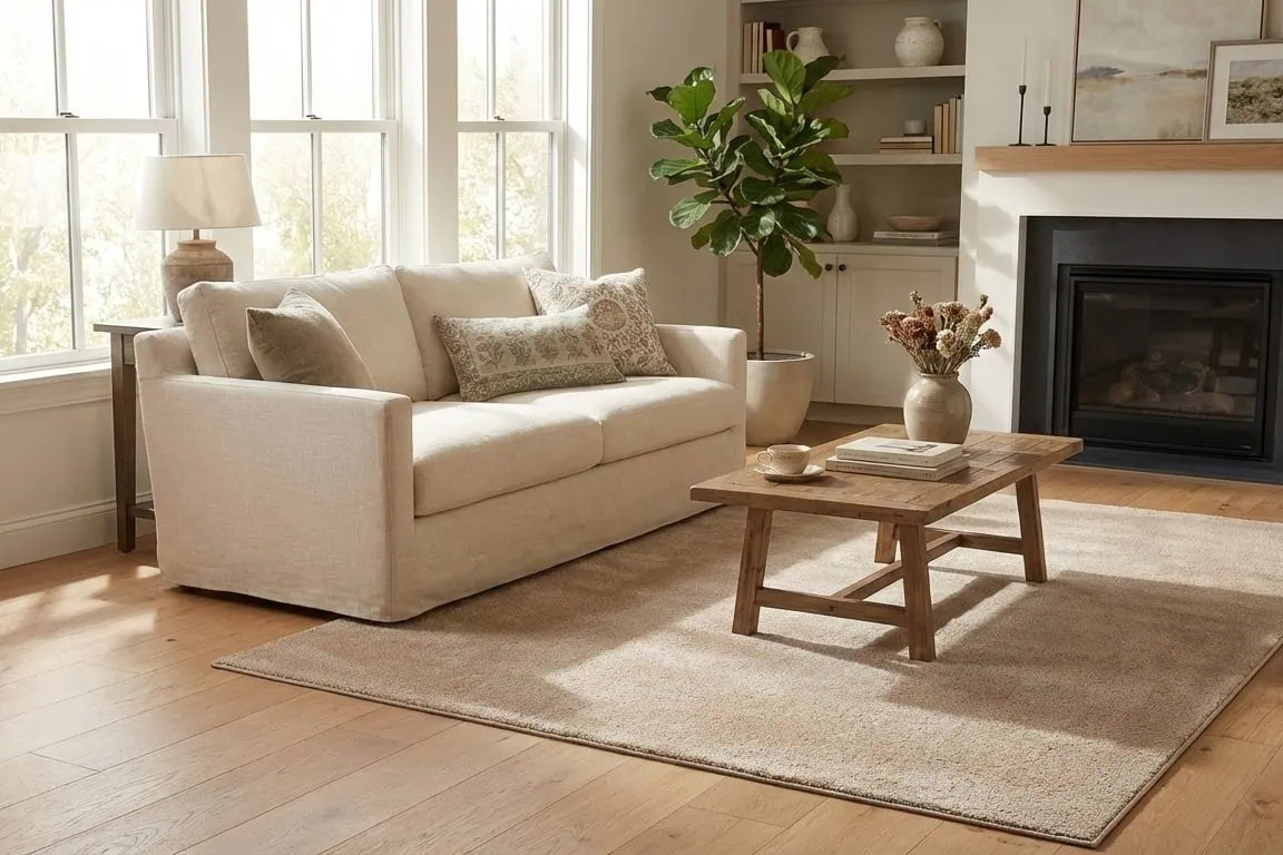 Umetnička fotografija modernog, udobnog dnevnog boravka s bež sofom, drvenim stolom i prirodnim svjetlom, idealno za opuštanje i relaksaciju u prostoru za odmor.