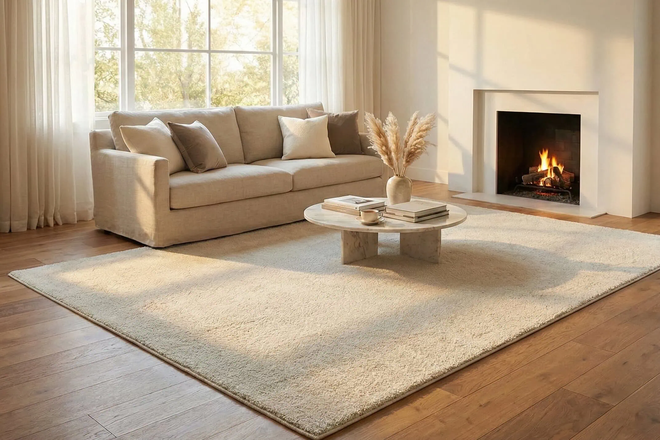 Umetnički tepih u dnevnom boravku sa udobnim sofom i kaminom, stvarajući opuštajuću i zen atmosferu za relaksaciju i udobnost. Idealno za prostor za odmor i meditaciju.