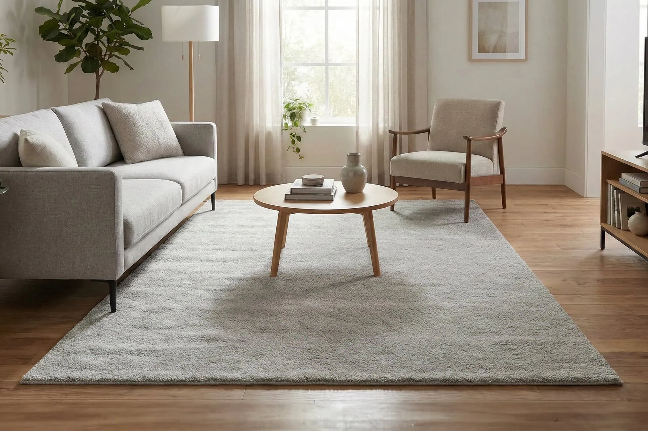 Umetnička fotografija modernog dnevnog boravka s mekanskim tepihom za udobnost i zen atmosferu, idealnim za opuštanje i relaksaciju.