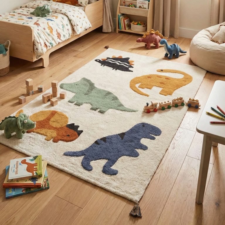 Umetnički dečiji tepih "Cotton Boon" sa dinosaurima, antialergijski i pogodan za bebe, u krem boji, idealan za dečju sobu, pruža sigurnost i udobnost za najmlađe.