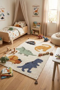 Dječji tepih od pamuka s dinosaurima, antialergijski i siguran za djecu, idealan za dječju sobu, s razigranim dizajnom i mekanom podlogom za igru i odmor.