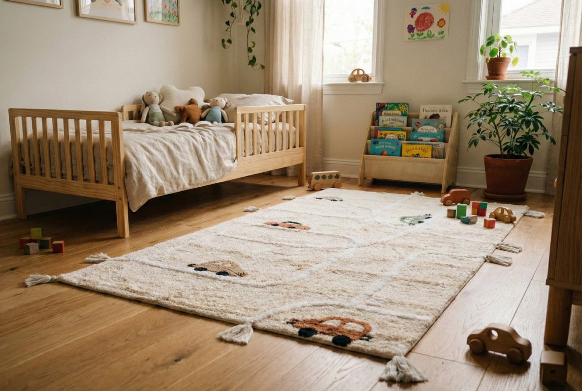 Mali dječiji tepih od pamuka, antialergijski i siguran za bebu, idealan za dječju sobu, s mekanom teksturom i razigranim dezenima, pruža udobnost i sigurnost za najmlađe.