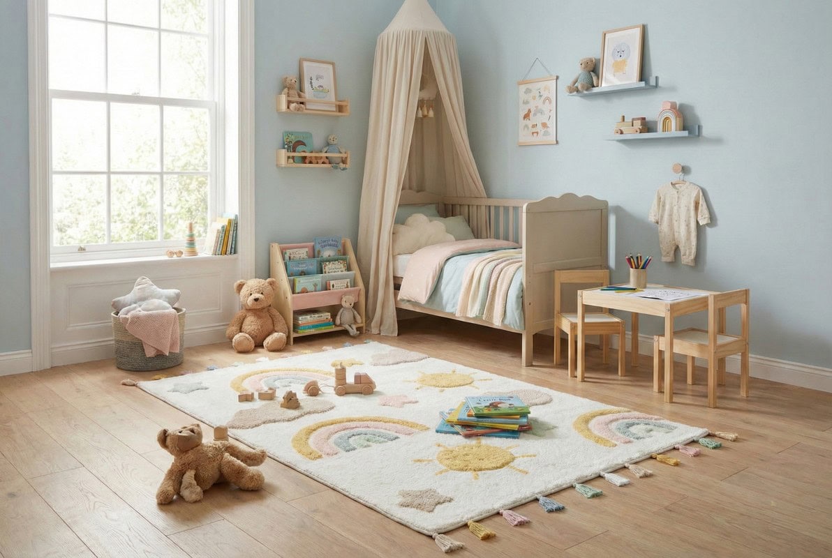 DAPHNE, antialergijski dječiji tepih od pamuka, idealan za dječje sobe, s razigranim bojama i sigurnom podlogom za igru i odmor.
