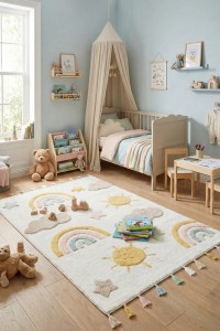 Udoban dječiji sobni prostor s mekanim tepihom s motivima oblaka, sunca i duge, idealan za igru i odmor, s prirodnim bojama i dekoracijama za sigurnu i toplu atmosferu.