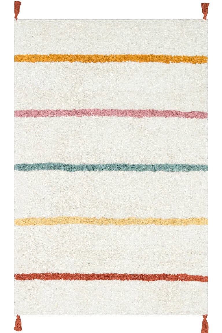 Mekana, antialergijska dječija tepiha od pamuka sa šarenim prugama, idealna za sigurnu i udobnu dječju sobu, lako se čisti i pruža mekanu podlogu za igru i odmor.