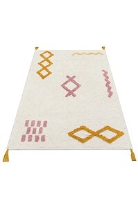 Antialergijski dječiji tepih od pamuka, Multy, savršen za osjetljivu kožu djece, s modernim geometrijskim uzorcima u pastelnim bojama, siguran i mekan za dječju sobu.