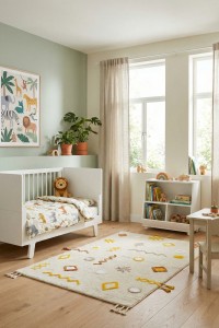 Visokokvalitetni antialergijski dječiji tepih Multy u sobi za djecu, idealan za sigurnu i udobnu igru, sa modernim dizajnom i toplim bojama, savršen za dječju sobu.
