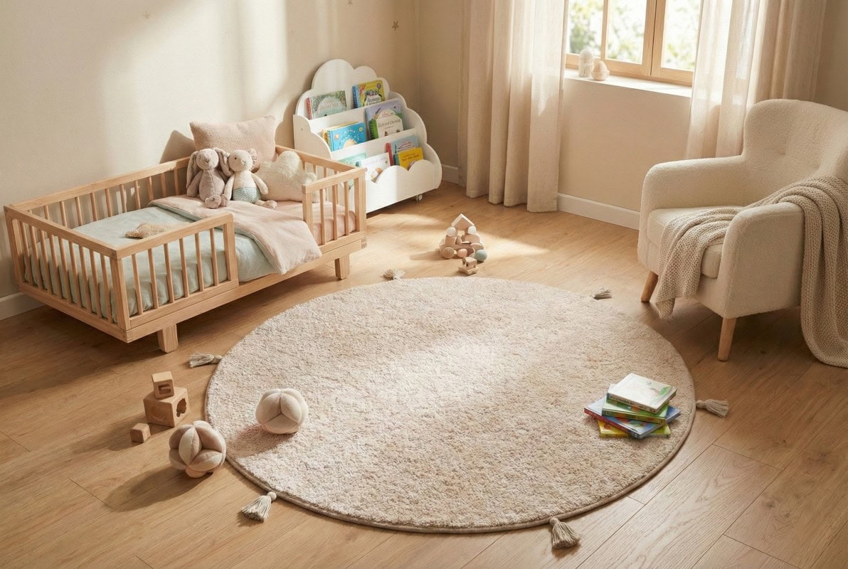 DAPHNE, antialergijski i dječiji okrugli tepih od 120 cm u bež boji, savršen za dječju sobu, pruža sigurnu i udobnu površinu za igru i odmor. Idealno za sigurnost i estetiku dječjeg prostora.