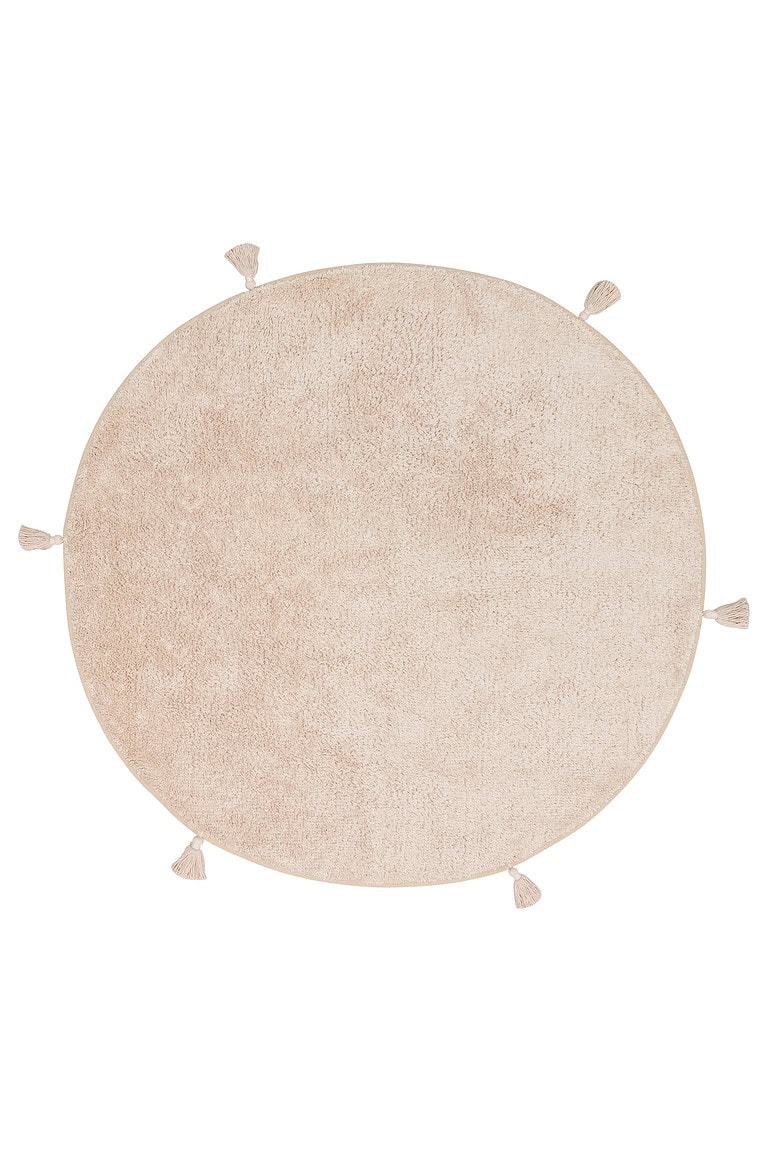 Dječiji antialergijski okrugli tepih od bež boje, idealan za dječje sobe, dimenzija 120 cm, siguran i mekan za djecu, savršen za podne prostirke i igre.