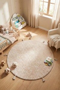 DAPHNE Cotton Boon antialergijski dječiji okrugli tepih od 120 cm u bež boji, idealan za dječje sobe, pruža sigurnost i udobnost za najmlađe.