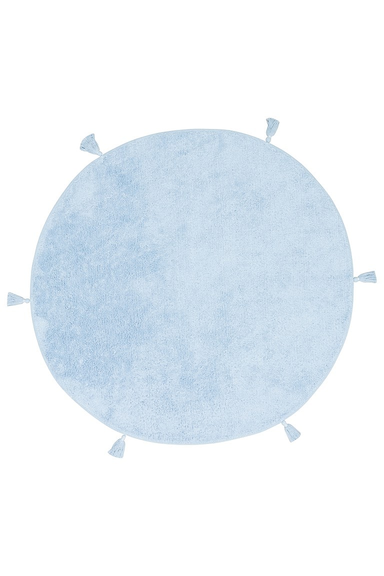 Plavi antialergijski dječiji tepih okruglog oblika, idealan za dječje sobe, dimenzija 120 cm, izrađen od sigurnih i mekanih materijala, savršen za sigurno i udobno dječje okruženje.