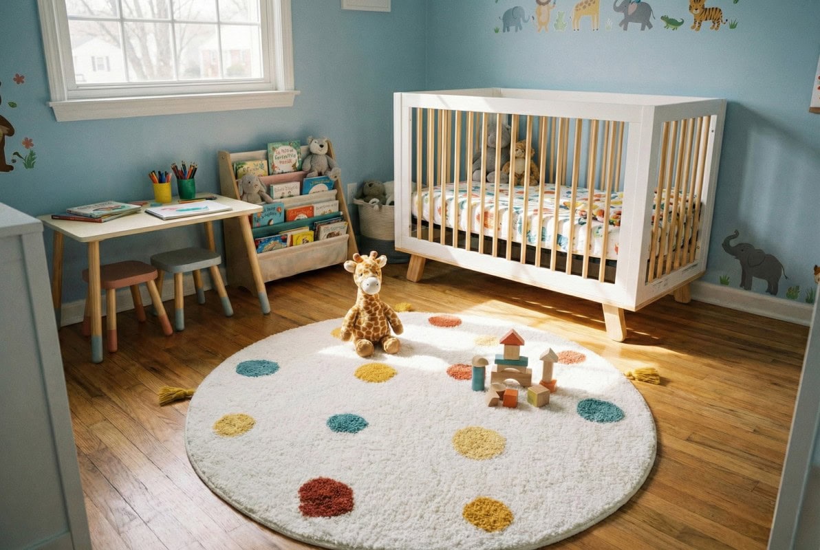 Umetanje dječjeg tepiha u sobu s krevetićem, stolom i igračkama, idealno za sigurnu i udobnu dječju sobu.
