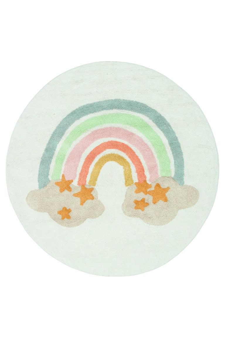 DAPHNE antialergijski dječiji tepih s bojama duge i oblacima, idealan za sigurnu i udobnu dječju sobu, izrađen od mekane, antialergijske i dječje sigurne tkanine, promjera 120 cm.