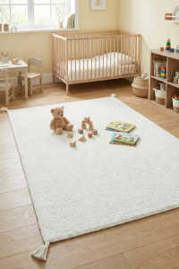 Mekani, bijeli dječiji tepih od pamuka, idealan za bebu, sa antialergijskim svojstvima, smješten u dječjoj sobi sa drvenim krevetićem i igračkama, siguran i udoban za najmlađe.