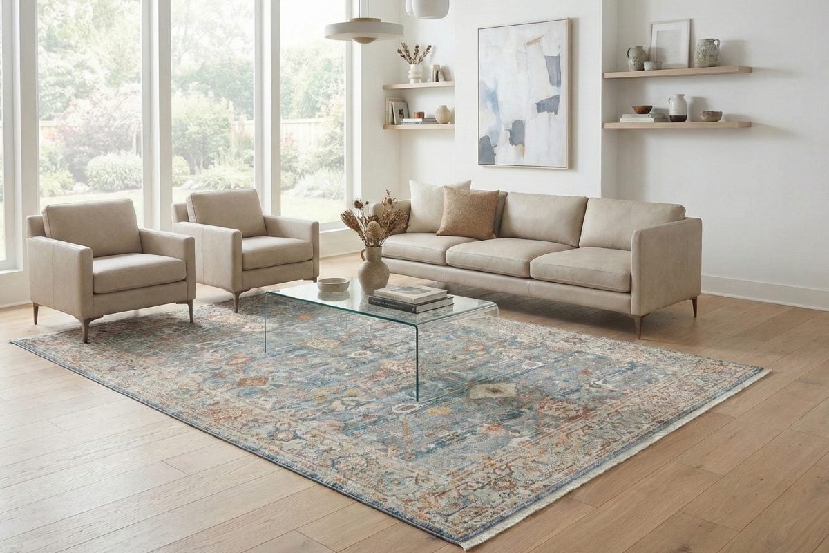 Umetnički tepih u bež i plavim tonovima u modernom dnevnom boravku sa minimalističkim dekorom i prirodnim svetlom.