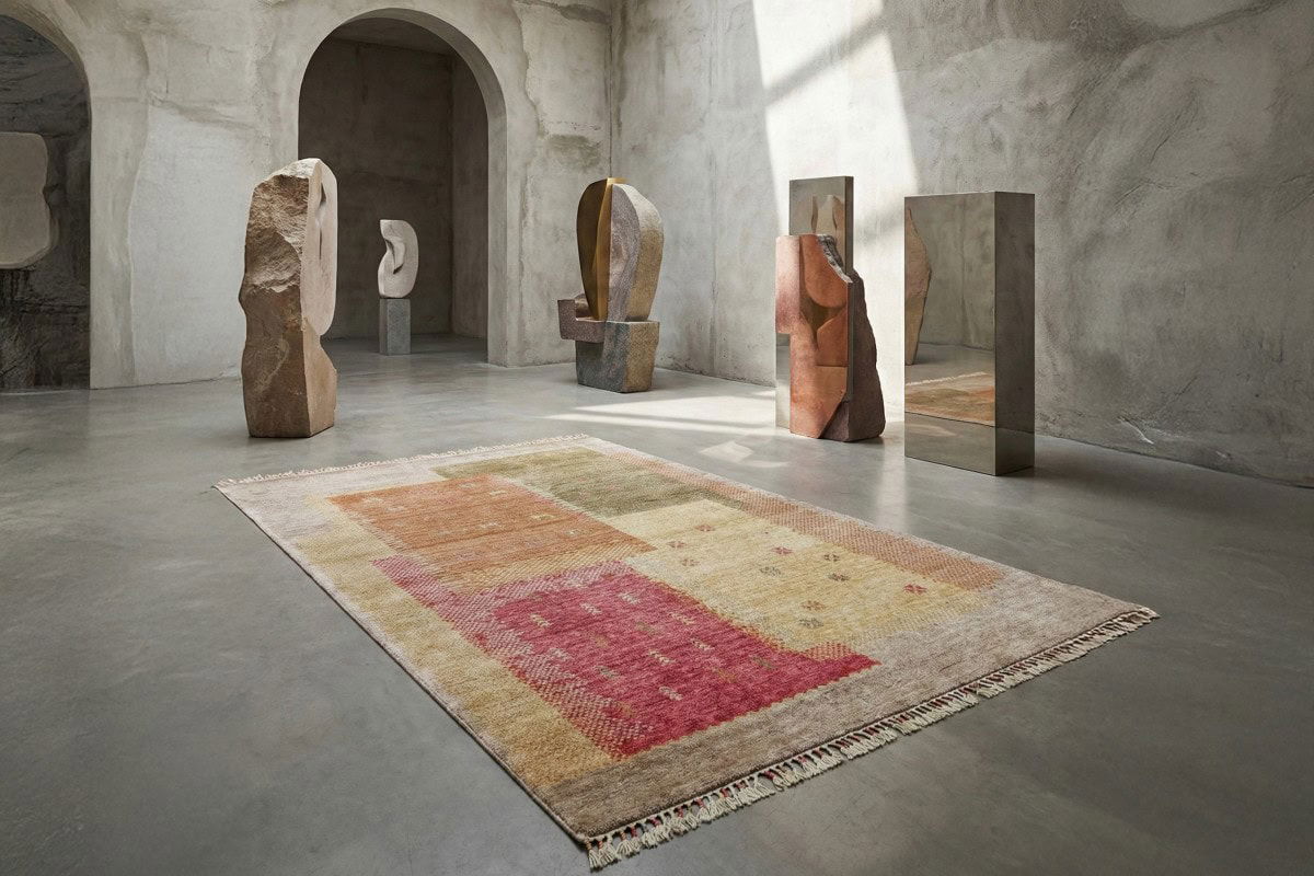 Ulazni tepih u bež i crvenim tonovima, idealan za jesenje uređenje doma, prikazan u modernom prostoru s umjetničkim skulpturama i industrijskim elementima.