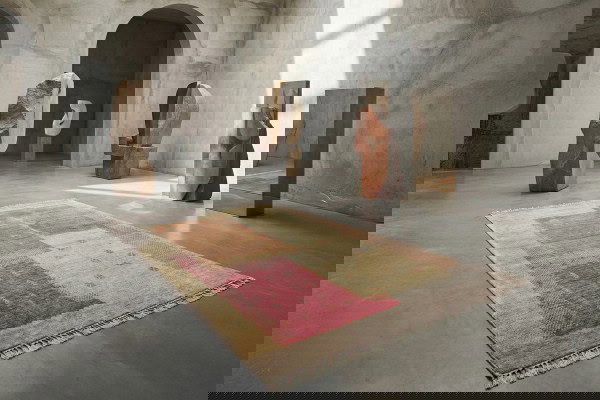 Ulazni tepih u bež i crvenim tonovima, idealan za jesenje uređenje doma, prikazan u modernom prostoru s umjetničkim skulpturama i industrijskim elementima.