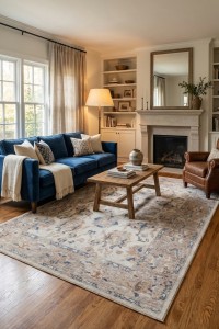 Visoka kvaliteta tepih AL u modernom dnevnom boravku s klasičnim elementima, udobnim namještajem i prirodnim svjetlom, idealan za elegantan i topao ambijent.