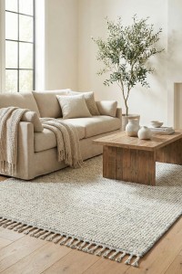 Elegant beige sofa in modern living room with Tepih Soho Cream Grey (SH 13) rug, natural light, minimalist decor, and cozy atmosphere, perfect for stylish home interiors.