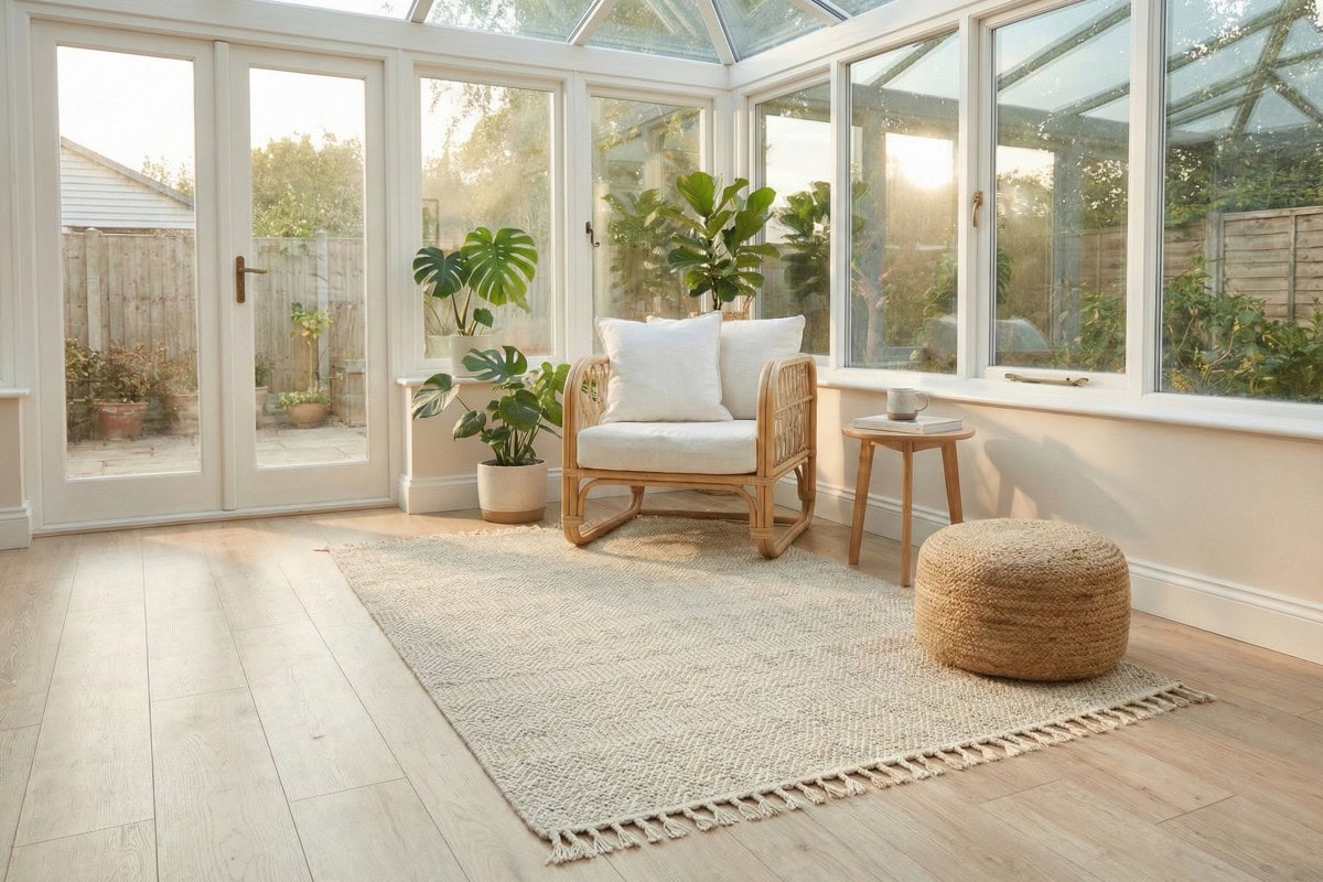 Visoki kvalitet tepih Soho bež u modernom dnevnom boravku sa prirodnim elementima i puno prirodnog svjetla, savršen za udobnost i stil u vašem domu.