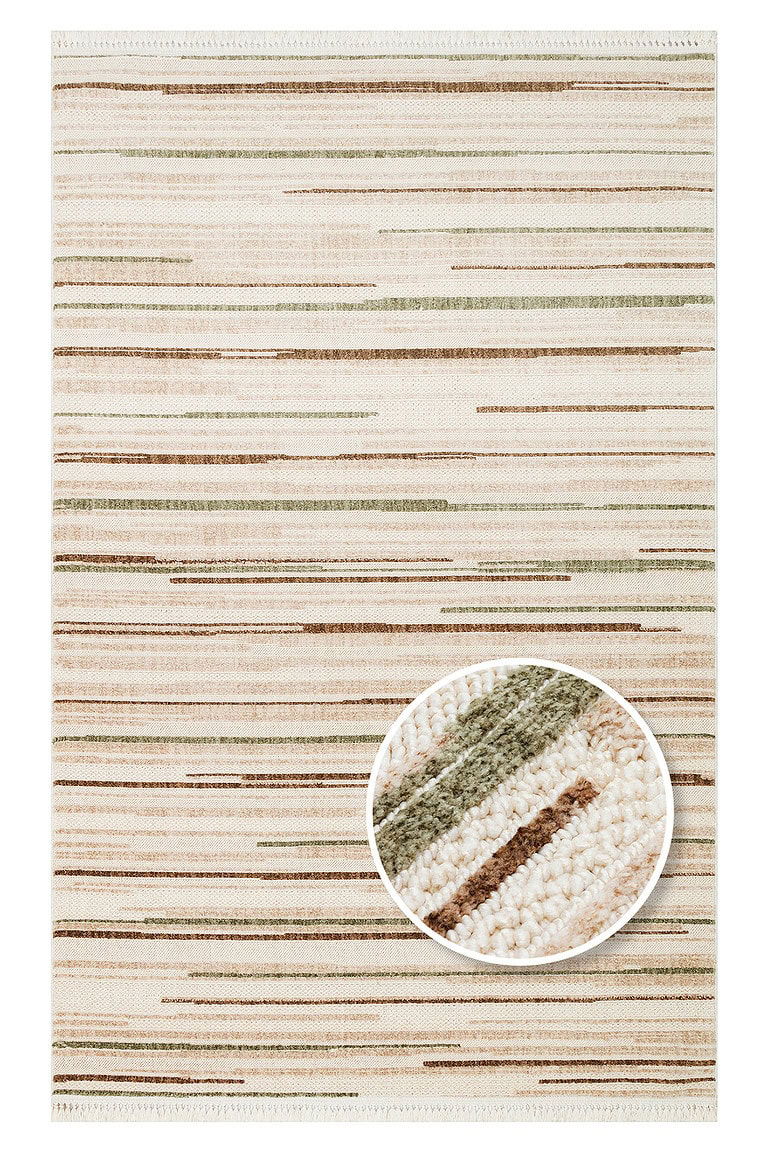 Dječiji tepih u zeleno-smeđim tonovima s horizontalnim prugama, idealan za dječju sobu ili dnevni boravak, moderan i udoban dizajn za svaki prostor.
