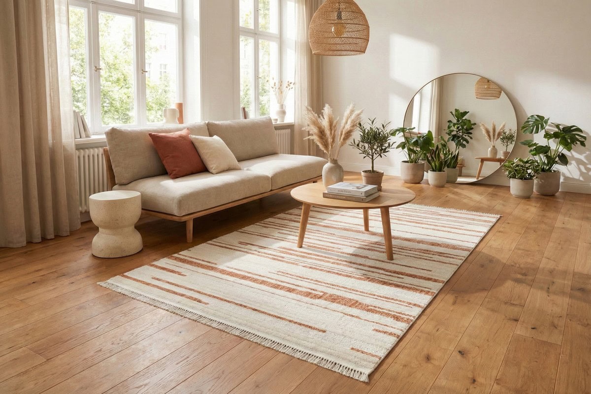 Moderni dnevni boravak s prirodnim drvenim podom, udobnim sivim sofom, dekorativnim jastucima i zelenim biljkama, osvijetljen velikim prozorima i toplim prirodnim svjetlom.