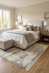 DAPHNE, Tepih Lagos (01) - Cream Silver, elegant bedroom with natural light, modern decor, and a plush rug featuring cream and silver tones, perfect for a cozy and stylish living space.