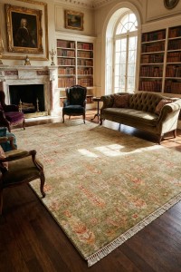 Umetnički salon sa starinskim nameštajem, knjigama i slikama, osvetljen prirodnim svetlom iz velikog prozora, sa tepisom u toplim bojama za udobnu i elegantnu atmosferu.