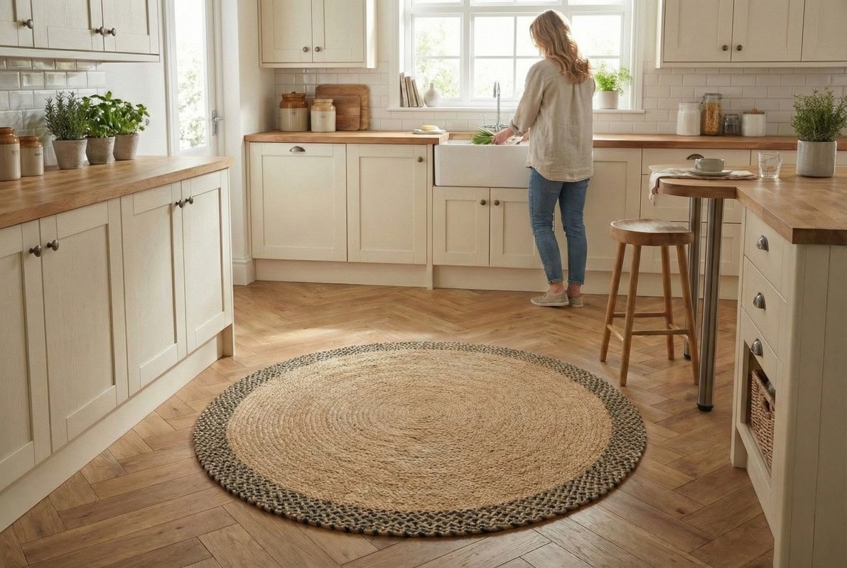 DASKO, Patna Tepih PTN 19, crni, okrugli, ručno tkan, prirodni materijal, savršen za kuhinju ili dnevni boravak, elegantan i funkcionalan tepih za moderni dom.