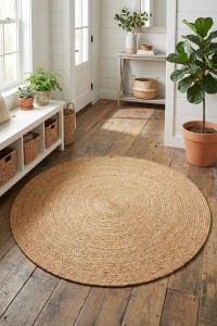 DAPHNE Patna Tepih PTN 19, prirodni okrugli tepih za dnevne sobe i hodnike, izrađen od prirodnih vlakana, idealan za toplu i ugodnu atmosferu u vašem domu.