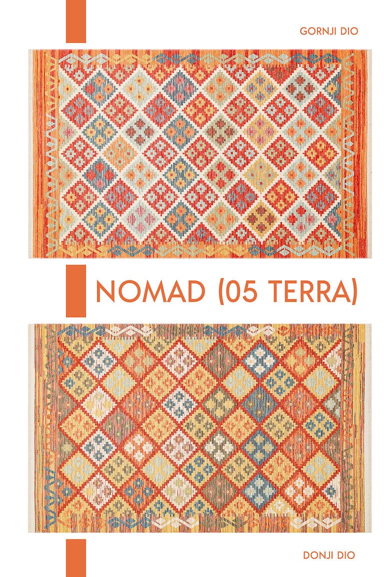Visoko kvalitetan Nomad Tepih (NMD 05) - Terra, ručno tkan u tradicionalnim bojama i uzorcima, idealan za moderni i klasični enterijer, pruža toplinu i autentični šarm prostoru.