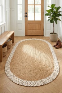Ulazni tepih Patna Tepih PTN 19, ovalni, bijeli, ručno tkan, moderan i funkcionalan za ulazne prostore, izrađen od prirodnih materijala, idealan za zaštitu poda i dodavanje stila.