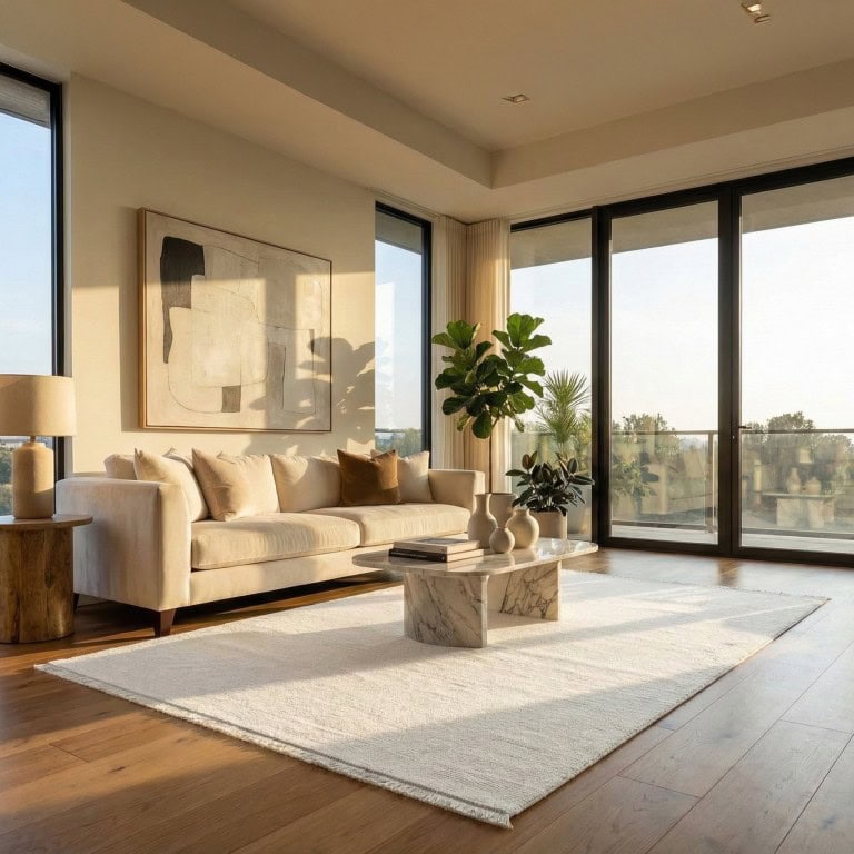 Visoki bijeli tepih u modernom dnevnom boravku s velikim prozorima, prirodnim svjetlom i elegantnim dekorom, idealan za stvaranje svijetlog i prozračnog ambijenta.