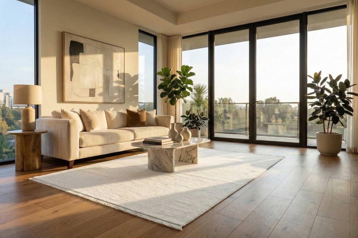 Umetnički dnevni boravak s velikim prozorima i bijelim tepihom, moderni interijer s prirodnim svjetlom, zelenim biljkama i minimalističkim dekorom, idealan za opuštanje i druženje.