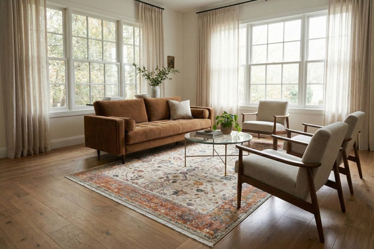 DAPHNE, fokus na tepih Pietra Tepih - Cream Terra, Bež Terra, u modernom dnevnom boravku sa prirodnim svjetlom i elegantnim namještajem. Savršen izbor za toplu i ugodnu atmosferu u domu.