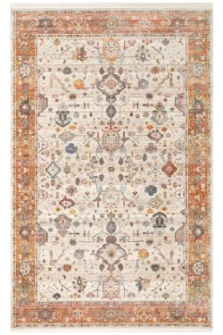 Visokokvalitetni tepih od umjetne kože u bež i terakota bojama, s tradicionalnim uzorkom i detaljima, idealan za moderni i klasični enterijer.