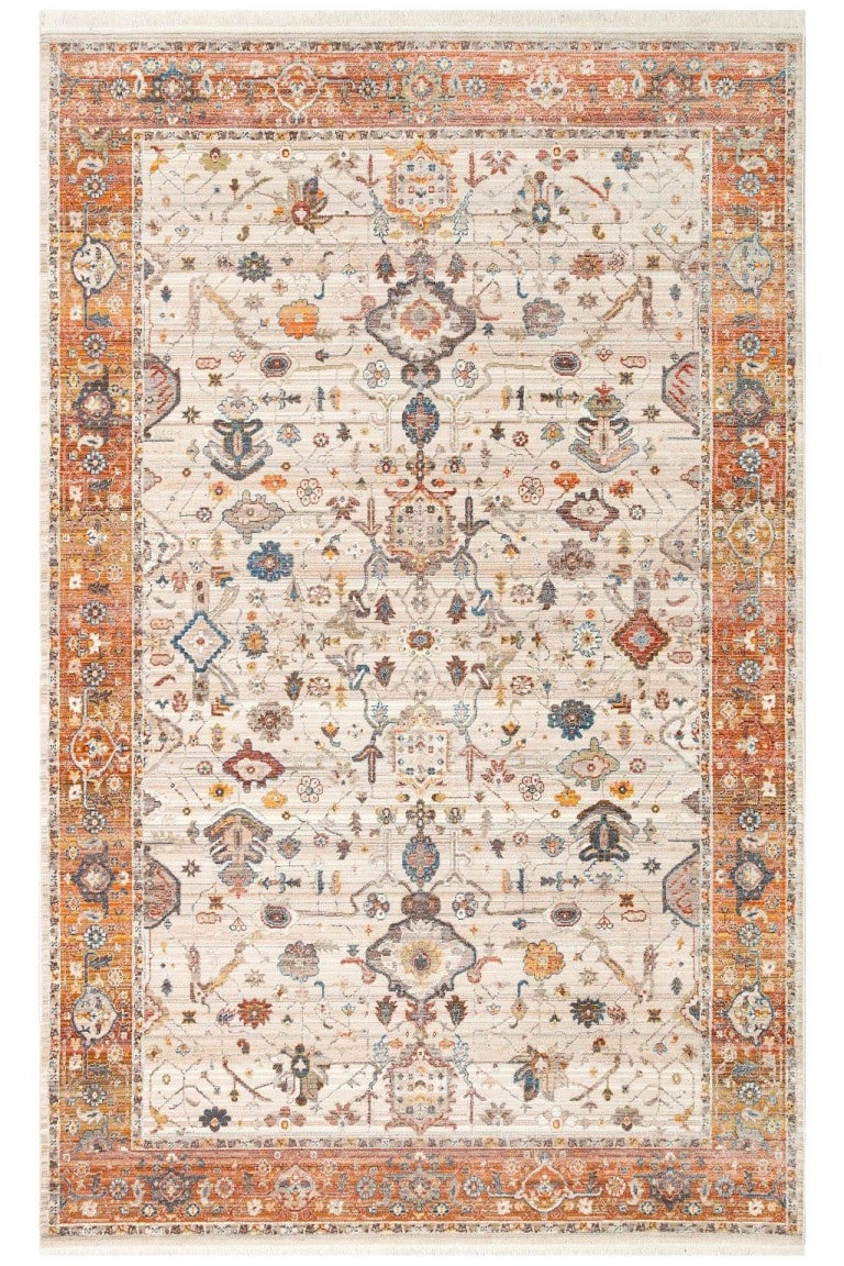 Visokokvalitetni tepih od umjetne kože u bež i terakota bojama, s tradicionalnim uzorkom i detaljima, idealan za moderni i klasični enterijer.